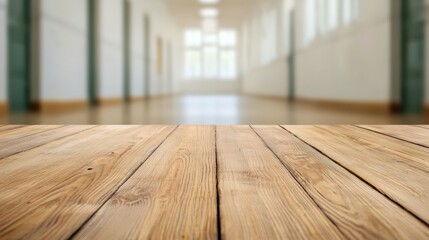 Aufkleber - Empty wooden desk in blurred university hallway symbolizing higher education