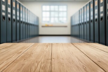 Aufkleber - Wooden table displaying educational products in a blurred classroom with lockers