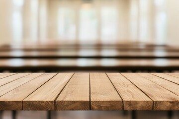 Aufkleber - Empty wooden table providing space for products in university lecture hall setting