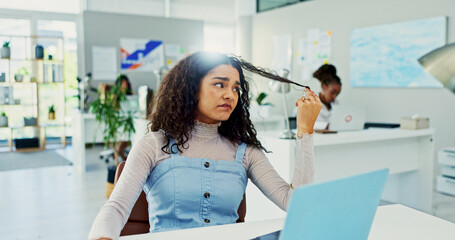 Poster - Bored, frustrated and woman in office with laptop, checking hair and waiting for email at digital agency. Thinking, tired and designer at desk with burnout, brain fog or irritated with online project