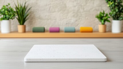 Fototapete - Empty countertop in wellness studio with yoga mats and plants