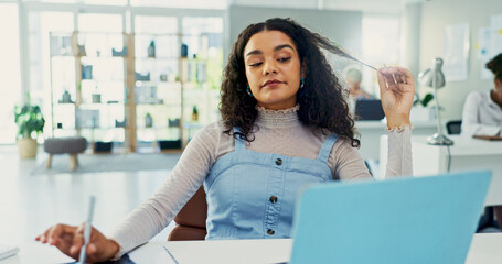 Poster - Business woman, laptop and reading in office for inspiration, agenda and administration at desk. Journalist employee, person and ideas with technology for research, planning and creative proposal
