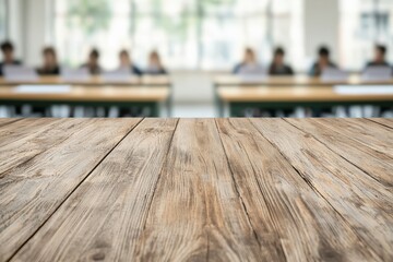 Aufkleber - Empty wooden table providing space for products or designs in classroom setting