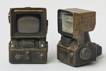 Vintage portable television.  Small, brass-colored television device from the early 20th century, showcasing a display screen and various controls