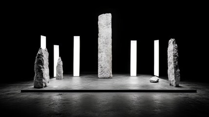 Aufkleber - Black and white photo of a large stone pillar surrounded by smaller stones. The scene is stark and minimalist, with the focus on the large pillar and the surrounding rocks