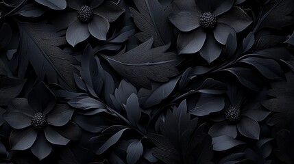 Poster - The image is a close up of black flowers with black leaves. The flowers are arranged in a way that they look like they are growing out of the leaves. The photo is in black and white