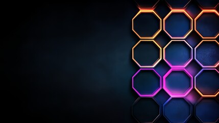 Poster - Black background with a colorful pattern of hexagons. The hexagons are in different colors and are arranged in a way that creates a sense of depth and movement. Scene is energetic and dynamic