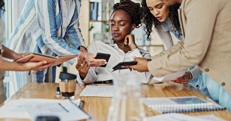 Aufkleber - Woman, phone and time management with hands in office at startup, deadline and multitask with team. Person, group and tablet with smartphone for networking, notes and contact at creative agency