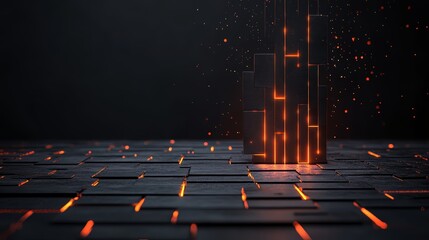 Fototapete - Black background with a glowing orange cube in the middle. The cube is surrounded by a series of orange lines, creating a sense of depth and movement. Scene is one of excitement and energy