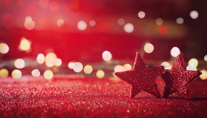 Poster - red christmas decorations with glittery stars and baubles for festive design, branding, and print media use