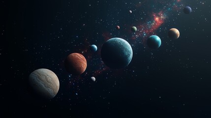 Aufkleber - Black background with a row of planets in the sky. The planets are of different sizes and colors