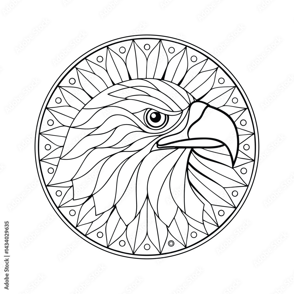 Decorative line art eagle head design with circular frame black and ...