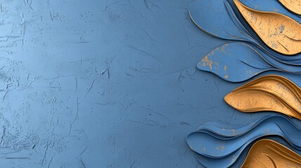 Poster - Blue and gold background with a series of gold and blue shapes. The shapes are arranged in a way that creates a sense of movement and flow. Scene is dynamic and energetic
