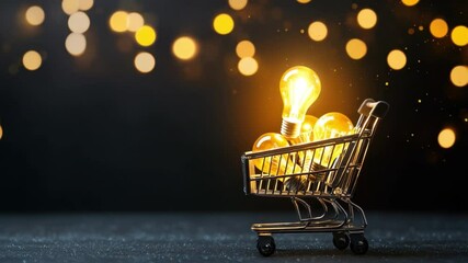 Wall Mural - shopping cart filled with light bulbs against a blurred bokeh background