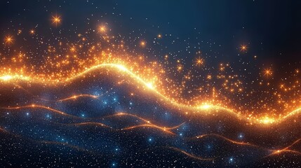 Poster - Blue and orange wave of light with many stars. The stars are scattered throughout the image, creating a sense of movement and energy. The colors of the wave and the stars give the image a dreamy