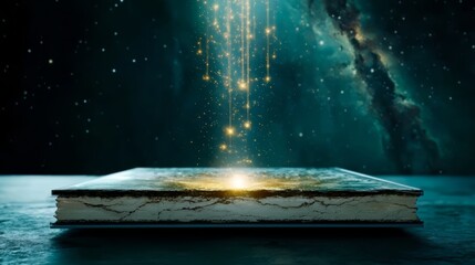 Aufkleber - Book is on a table with a glowing light coming out of it. The light is surrounded by stars and the book appears to be glowing. The scene gives off a sense of wonder and magic