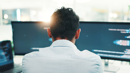 Leinwandbilder - Programmer, man and computer screen with reading in office for writing code, planning digital software and debugging. Back, programming and employee with data analytics for app development or testing