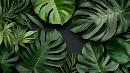 Poster - Close up of green leaves with a black background. The leaves are large and leafy, and the black background creates a contrast between the two colors. Concept of nature and tranquility