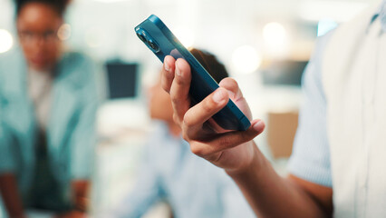 Fototapete - Closeup, hands or businessman in company with phone for accounting online, economy media or finance report. Mobile, app or financial advisor on touchscreen for schedule, research or investment growth