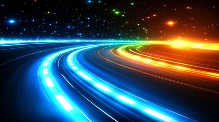 Fototapete - Colorful, swirling road with bright lights and stars in the background. Scene is energetic and exciting, as if the viewer is on a fast-moving vehicle