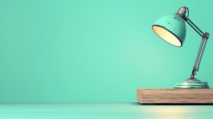 Poster - Green lamp shade sits on a wooden table. The lamp is turned on, casting a warm glow on the table. The room has a bright, airy feel to it, and the lamp adds a touch of elegance to the space