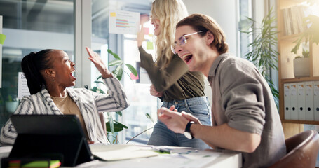 Leinwandbilder - High five, success and tablet with business people in office for achievement, milestone or motivation. Applause, goals and target with happy employee group in workplace together for team building