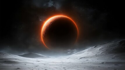 Poster - Large red planet with a black hole in the center. The planet is surrounded by a dark sky with stars