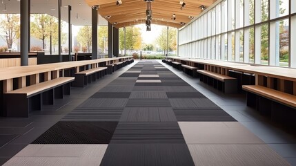 Aufkleber - Large room with a black and gray carpet and wooden benches. The room is empty and has a very clean and modern look