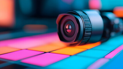 Wall Mural - close up of camera lens on colorful grid background