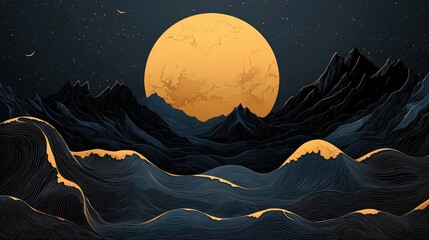 Poster - Large yellow moon is in the sky above a mountain range. The mountains are dark and the sky is black