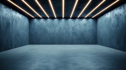 Poster - Large, empty room with a blue wall and a white ceiling. The room is bare and empty, with no furniture or decorations. The space is illuminated by a series of lights, creating a stark