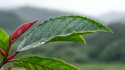 Poster - Leaf is wet and has a red tip. The leaf is on a plant in a field