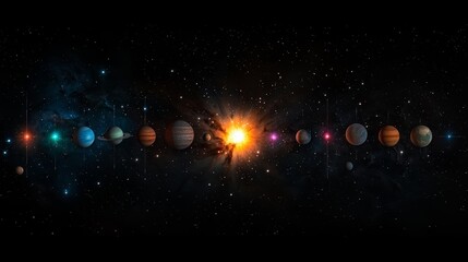 Aufkleber - Long line of planets in the sky, with the sun in the middle. The planets are in different colors and sizes, and the sun is surrounded by a bright orange glow