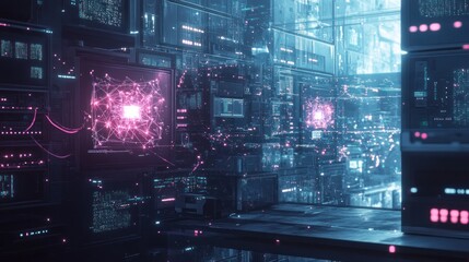 Futuristic server room with glowing network data.