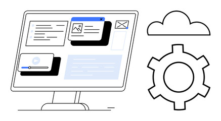 Desktop monitor displaying emails, files, and media with cloud and gear nearby. Ideal for software, cloud computing, automation, data storage, organization, workflow simple landing page