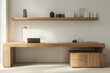 © MDBodrul - A minimalist home office with a wooden desk, built-in storage, and open shelves, offering a sleek and organized space for focused work and productivity