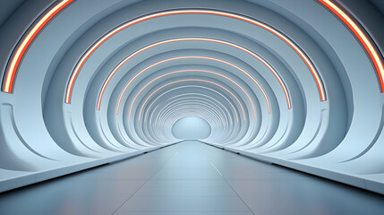 Wall Mural - futuristic subway station tunnel: abstract white and orange neon lights background