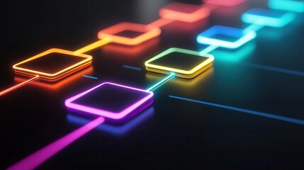 Web development timeline concept, phases of software creation visualized as glowing neon steps, crossplatform development strategy