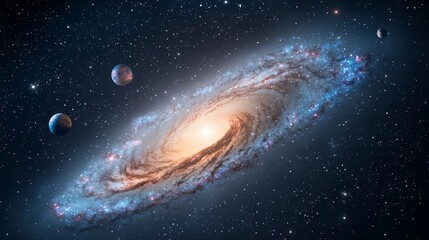 Poster - Spiral galaxy with a bright yellow sun in the center. The galaxy is surrounded by stars and planets