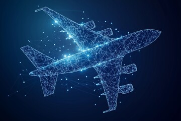 Fototapete - Digital futuristic wireframe of airplane showcasing aviation technology, flight networks and innovation against a glowing night blue background, Generative AI