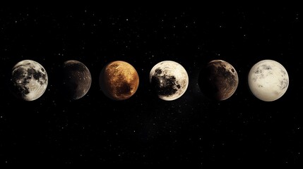 Wall Mural - a series of seven different sized moons are shown in the night sky. the moons are all different colo