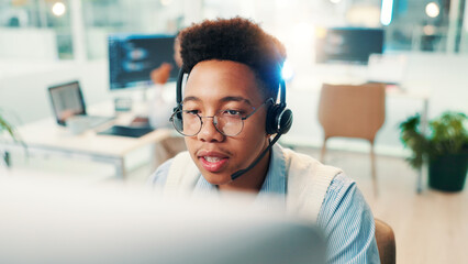 Poster - Headset, man and call center consultant in office for communication, contact us or networking. Technology, CRM and male technical support agent with online consultation for helpdesk in workplace.