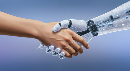 human hand shaking large ai robotic hand. concept of human and technology interaction. artificial in