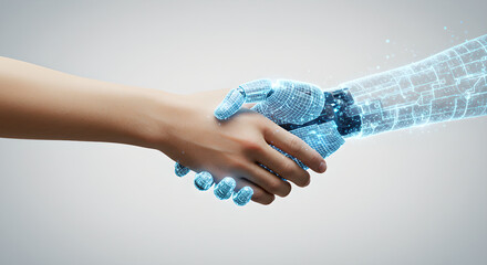 Wall Mural - man and robotic hand doing handshake. cooperation concept between human and artificial intelligence.