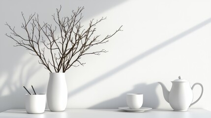 Poster - White vase with a branch inside it is placed on a shelf next to a white tea set. The vase and tea set are arranged in a neat and organized manner, creating a sense of calm