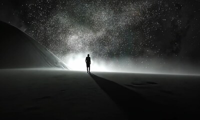 Wall Mural - Lone figure under luminous night sky in mystical desert sands