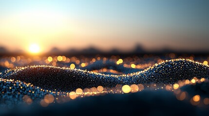 Poster - Beautiful sunset with a large body of water in the foreground. The water is covered in a layer of glitter, giving it a sparkling and ethereal appearance. Concept of tranquility and wonder
