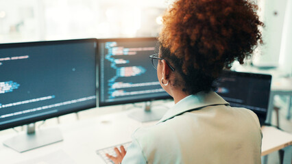 Leinwandbilder - Programmer, woman and computer screen with typing in office for writing code, app development and debugging. Back, programming and employee with data analytics for software testing and system update