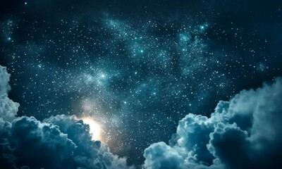 Wall Mural - Majestic night sky transition: stars emerging over illuminated cloudscape