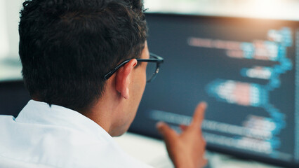 Poster - Back, computer screen and man in office, coding research and it support with cyber security update. Person, programmer and employee in workplace, pc and building software with developer or web design